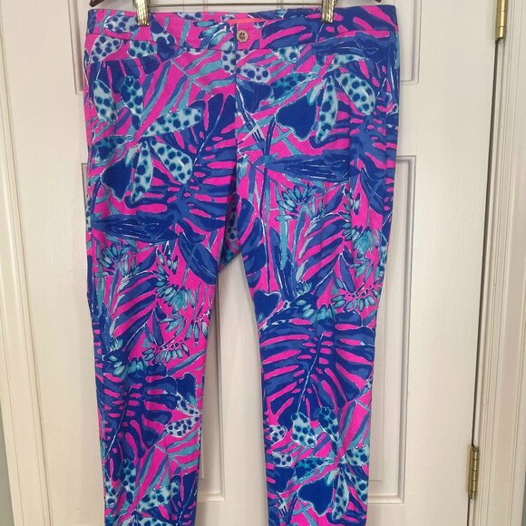 Lilly Pulitzer Kelly Skinny Ankle Pant in Bright Pink and Blue - Size 14 - Picture 1 of 5